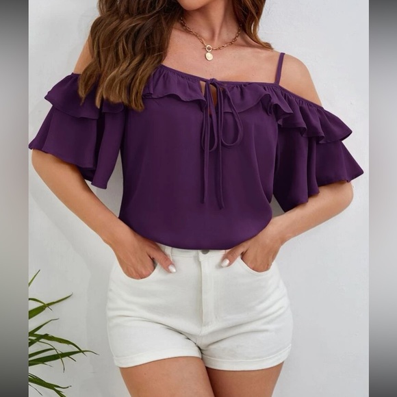 Boho cold shoulder knot front ruffle hem blouse - Picture 11 of 16